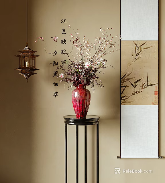 Red Vase With Blooming Flowers On Black Stand Near Chinese Calligraphy And Bamboo Painting 3d model 