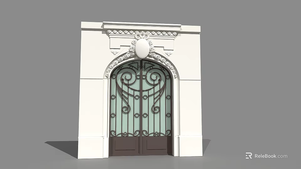 Classic European Architecture With White Wall Arched Wrought Iron Door Glass Panels And Decorative Carvings 3d model 