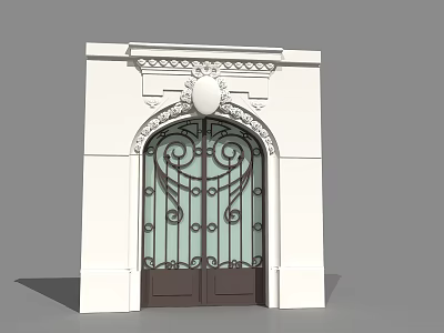 Classic European Architecture With White Wall Arched Wrought Iron Door Glass Panels And Decorative Carvings 3d model