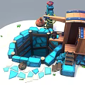 Cartoon Scene With Blue Ice Well Wooden House Blue Character Red Bag On Snowy Ground With Grass