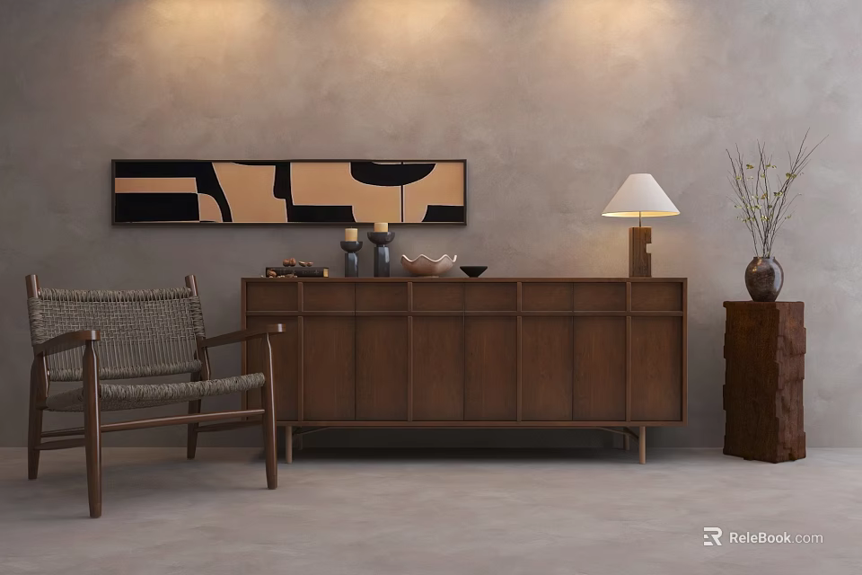 Stylish Brown Wooden Entryway Console Cabinet And Sideboard With Abstract Art Table Lamp And Chair 3d model 
