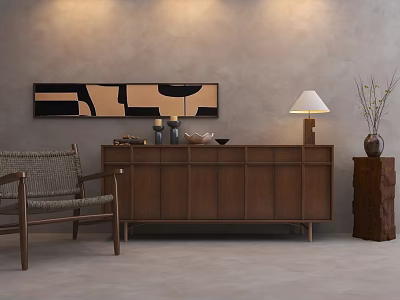 Stylish Brown Wooden Entryway Console Cabinet And Sideboard With Abstract Art Table Lamp And Chair 3d model