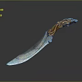 Decorative Knife With Carved Wooden Handle And Blue Blade Featuring Intricate Patterns And Elegant Design