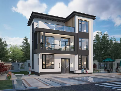 Modern Detached Villa With Black White Exterior Large Glass Windows And Balconies Surrounded By Green Trees 3d model