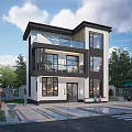 Modern Detached Villa With Black White Exterior Large Glass Windows And Balconies Surrounded By Green Trees