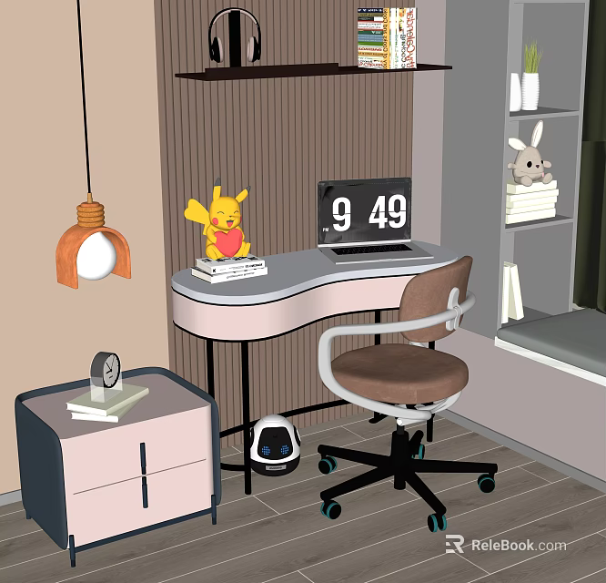 Cozy Home Desk Setup With Yellow Plush Books Clock Hanging Lamp And Brown Chair 3d model 