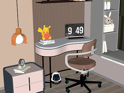 Cozy Home Desk Setup With Yellow Plush Books Clock Hanging Lamp And Brown Chair 3d model