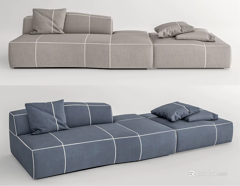 Modern Sectional Sofa With Grid Pattern And Cushions In Gray Blue 3d model