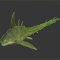 Prehistoric Aquatic Animal With Green Yellow Body Spiked Dorsal Fin Sharp Teeth Streamlined Shape