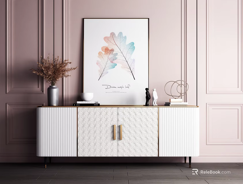 White Console Cabinet With Gold Handles And Decorative Items Against Pink Paneled Wall 3d model 