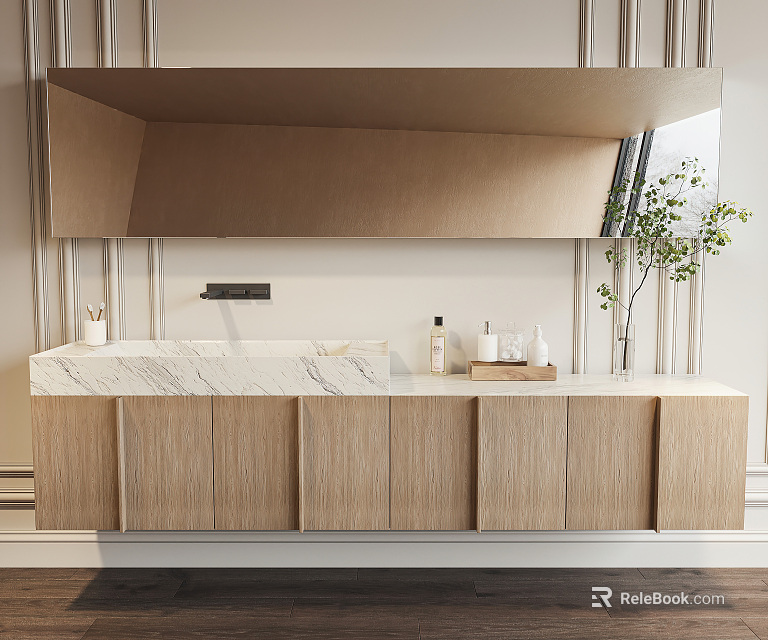 Elegant Bathroom Vanity With Marble Countertop Wooden Cabinets Wall Mounted Mirror And Potted Plant 3d model 