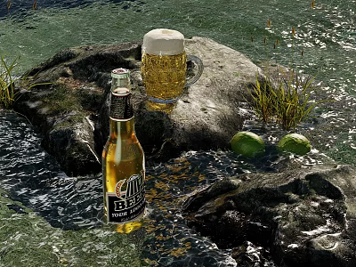 Scenic Water Landscape With Rocks Beer Bottle Mug And Green Limes 3d model