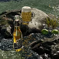 Scenic Water Landscape With Rocks Beer Bottle Mug And Green Limes