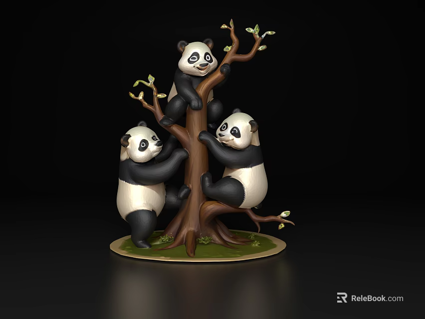 Three Reptiles Climbing On Tree Trunk With Small Green Leaves Sculpture 3d model 