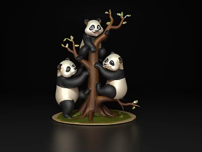 Three Reptiles Climbing On Tree Trunk With Small Green Leaves Sculpture 3d model