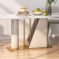 Modern Dining Table Set White Marble Top Gold Legs Upholstered Chairs Green Plant Fruit Bowl