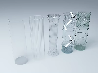 Unique Transparent Glass Vases Featuring Cylindrical Striped Spiral And Stacked Designs 3d model