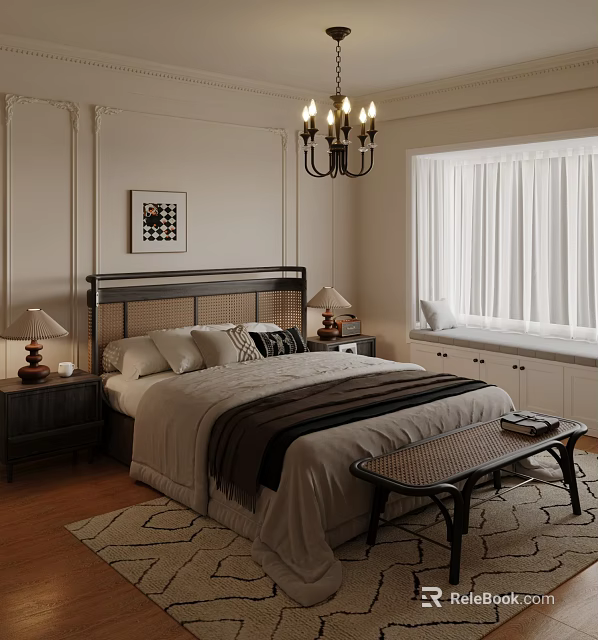 Cozy Traditional Bedroom Interior With Woven Headboard Chandelier And Window Curtains 3d model 