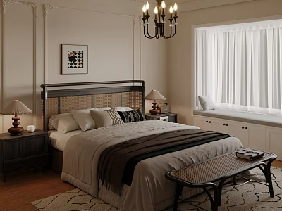 Cozy Traditional Bedroom Interior With Woven Headboard Chandelier And Window Curtains 3d model