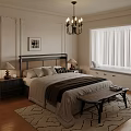 Cozy Traditional Bedroom Interior With Woven Headboard Chandelier And Window Curtains