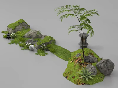 Traditional Japanese Garden Landscape With Green Grass Rocks Stone Lantern Ferns And White Flowers 3d model