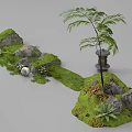 Traditional Japanese Garden Landscape With Green Grass Rocks Stone Lantern Ferns And White Flowers
