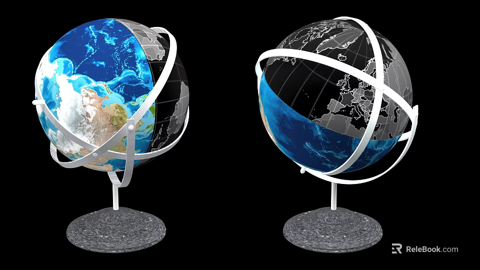 Two Decorative Globe Ornaments Combination with Metal Ring Stand and Gray Base 3d model
