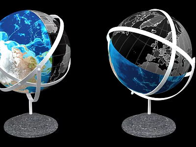Two Decorative Globe Ornaments Combination with Metal Ring Stand and Gray Base 3d model