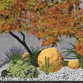 Garden Ornament Featuring Red Maple Tree Gray Perforated Wall Pebbles Purple Flowers Glowing Sphere and Ferns