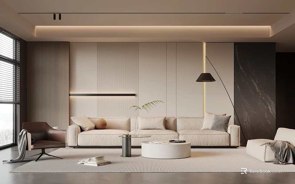 Modern Living Room Interior With Beige Sofa Brown Armchair Round Coffee Table And Striped Rug 3d model 