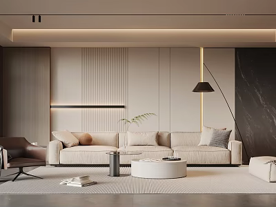 Modern Living Room Interior With Beige Sofa Brown Armchair Round Coffee Table And Striped Rug 3d model