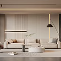 Modern Living Room Interior With Beige Sofa Brown Armchair Round Coffee Table And Striped Rug
