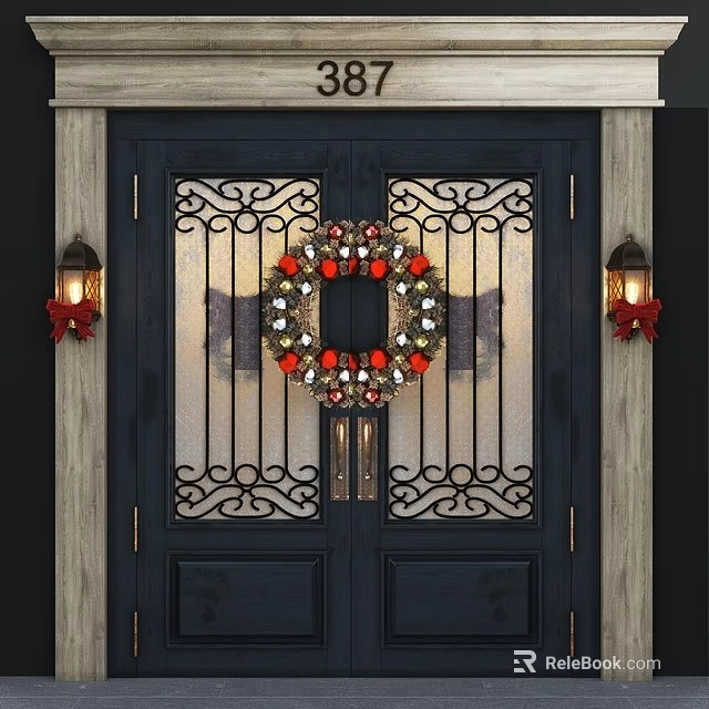Navy Blue Double Doors With Wrought Iron Design Wreath Red Gold Ornaments And Wall Lanterns 3d model 