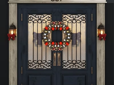 Navy Blue Double Doors With Wrought Iron Design Wreath Red Gold Ornaments And Wall Lanterns 3d model