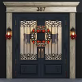 Navy Blue Double Doors With Wrought Iron Design Wreath Red Gold Ornaments And Wall Lanterns
