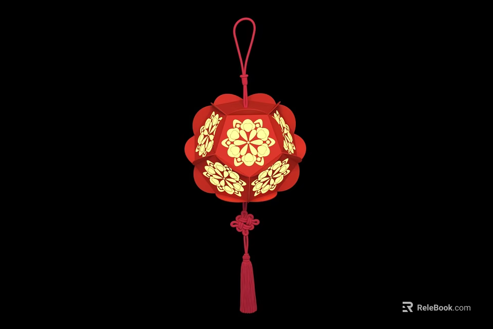 Traditional Red Chinese Lantern With Yellow Plum Blossom Design And Tassel Decoration 3d model 