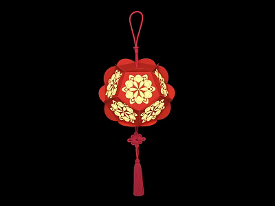Traditional Red Chinese Lantern With Yellow Plum Blossom Design And Tassel Decoration 3d model