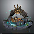 Fantasy Circular Stone Platform With Archway Golden Eye Symbol Arrows Water And Blue Glowing Particles