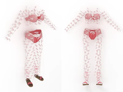 Pink Floral Pattern Women's Mesh Long Sleeve Top And Pants Outfit 3d model