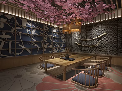 Japanese Traditional Interior With Cherry Blossom Ceiling Wooden Table Chairs And Decorative Elements 3d model