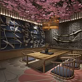 Japanese Traditional Interior With Cherry Blossom Ceiling Wooden Table Chairs And Decorative Elements