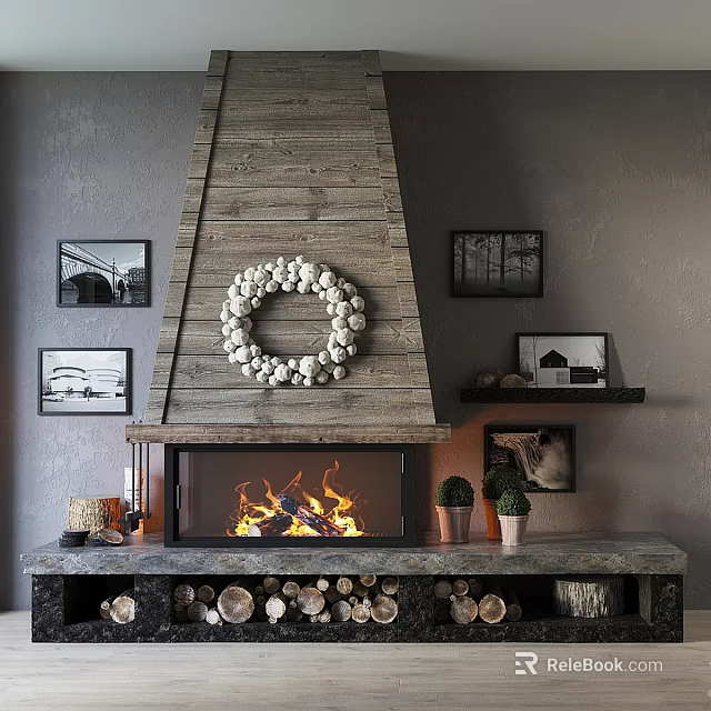 Cozy Wooden Fireplace Interior with Wreath Burning Fire Framed Pictures Small Plants and Firewood Stack 3d model 