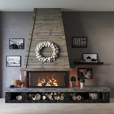 Cozy Wooden Fireplace Interior with Wreath Burning Fire Framed Pictures Small Plants and Firewood Stack 3d model