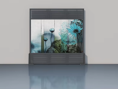 Artistic Gray Side-Hinged Door With Floral Painting And Wooden Texture Design 3d model