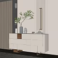 Modern White Entryway Cabinet And Side Cabinet Design With Vase Green Plant And Storage