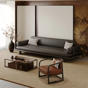 Antique Sofa Coffee Table Combination Multi-person Sofa Three-person Sofa Leather Casual Chair Single Chair Black Leather Sofa Antique Living Room Solid Wood Long Coffee Table 3d model