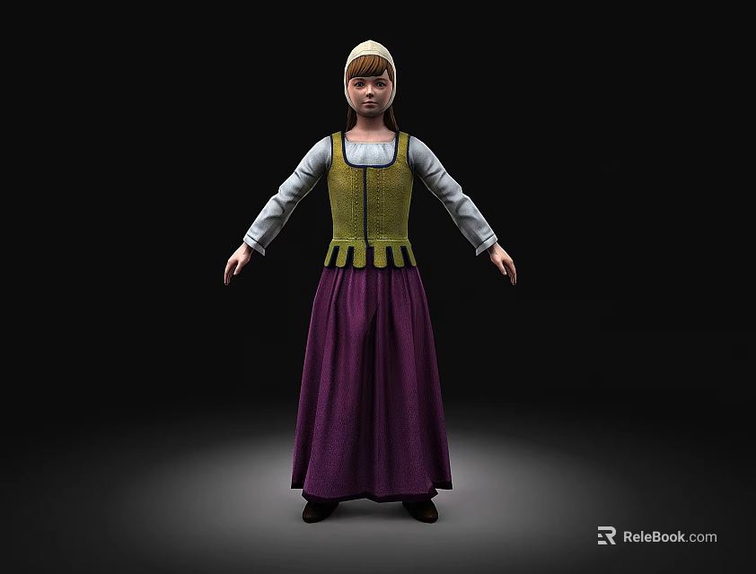 Woman In Traditional Costume With Green Vest White Long Sleeved Shirt And Purple Skirt 3d model 