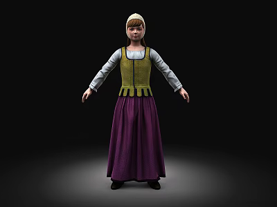 Woman In Traditional Costume With Green Vest White Long Sleeved Shirt And Purple Skirt 3d model