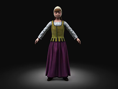 Woman In Traditional Costume With Green Vest White Long Sleeved Shirt And Purple Skirt 3d model