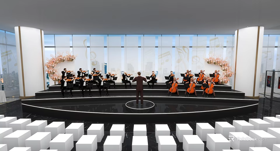 Elegant Club Interior With Live Orchestra Conductor Musicians And White Seats Setup 3d model 